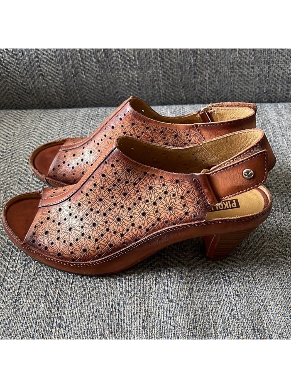 Pikolinos Brown Perforated Leather Slingback Heels